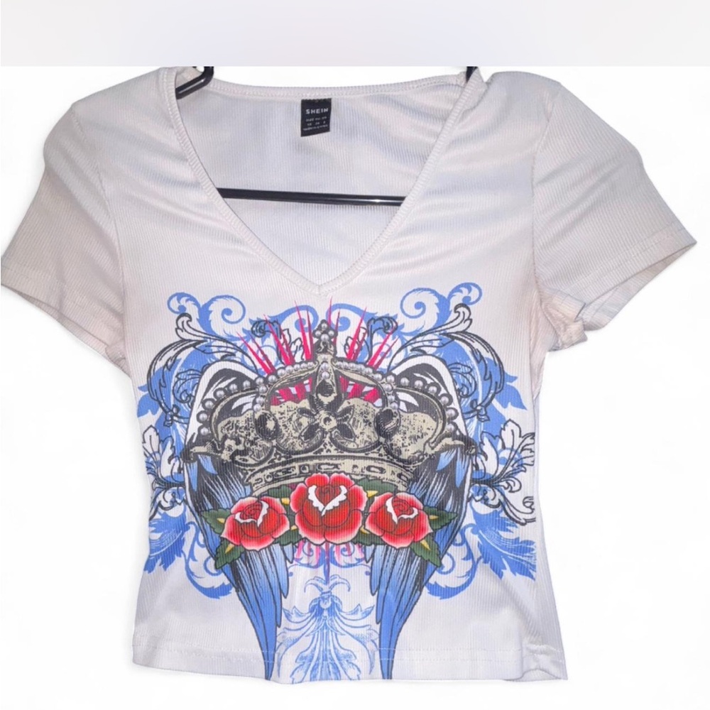 SHEIN White Graphic Crop Cap Sleeve Tee